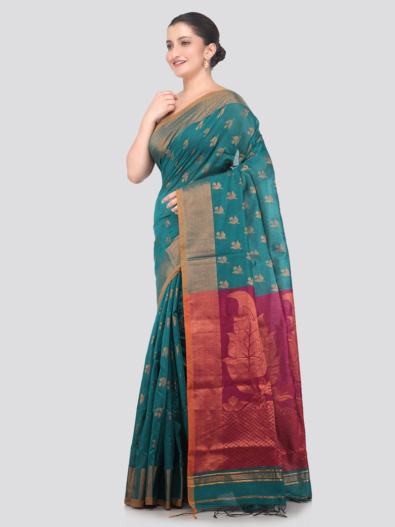 Pinkloom Sea Green Handloom Cotton bleand Saree