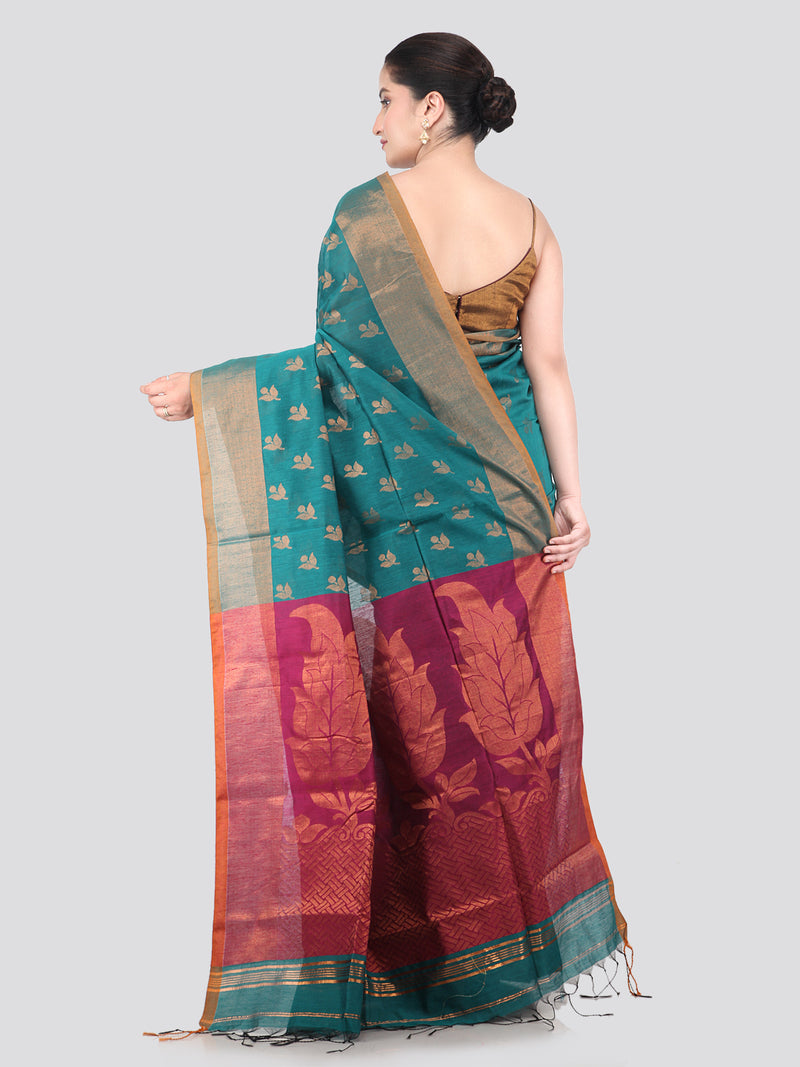 Pinkloom Sea Green Handloom Cotton bleand Saree