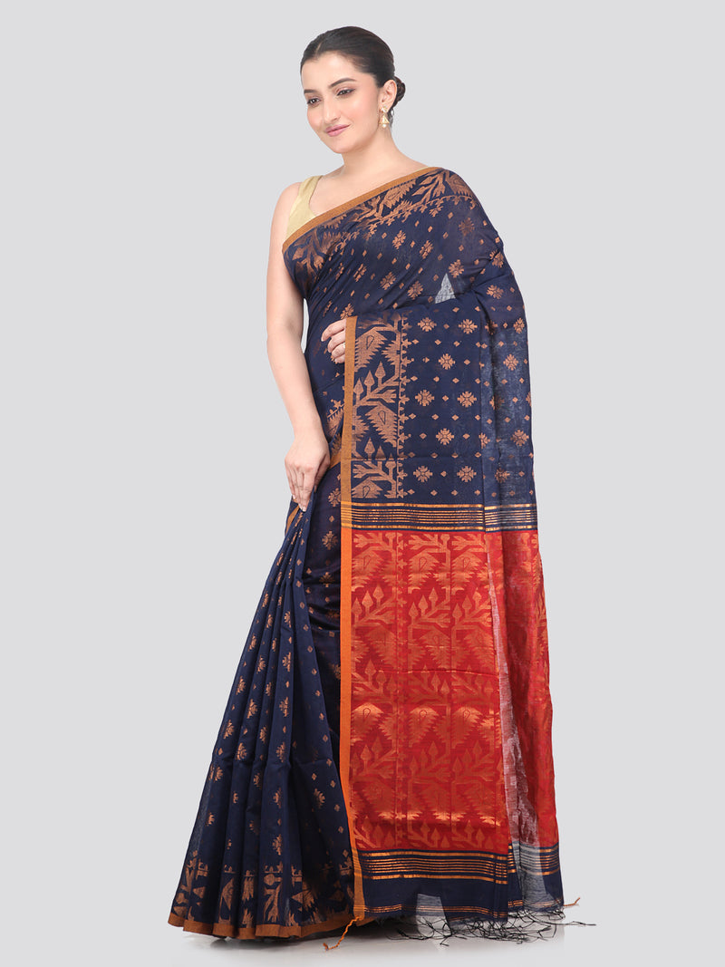 Pinkloom Blue Handloom Cotton bleand Saree