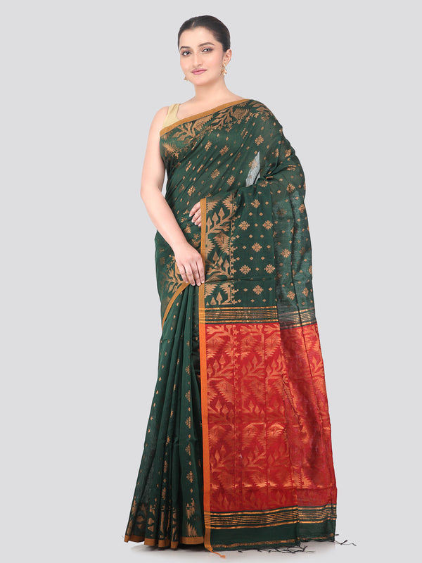 Pinkloom Green Handloom Cotton bleand Saree