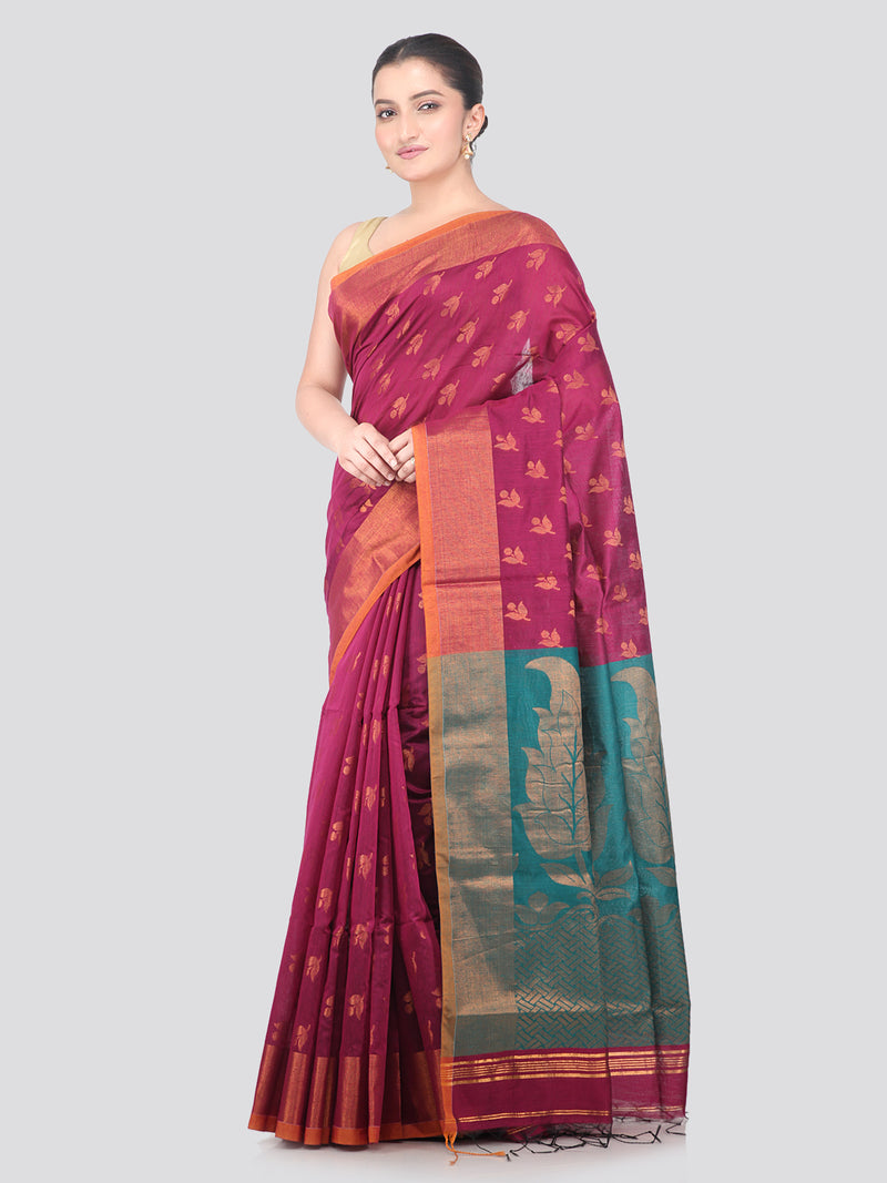 Pinkloom Magenta Handloom Cotton bleand Saree