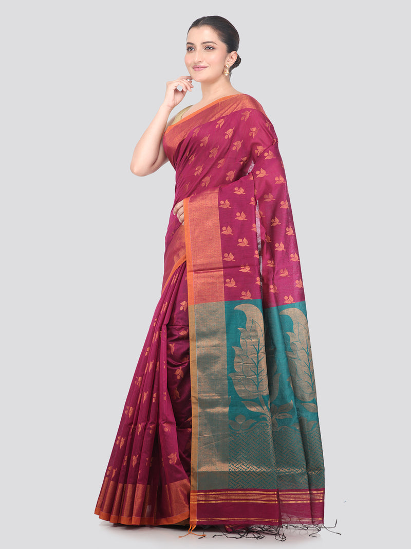 Pinkloom Magenta Handloom Cotton bleand Saree