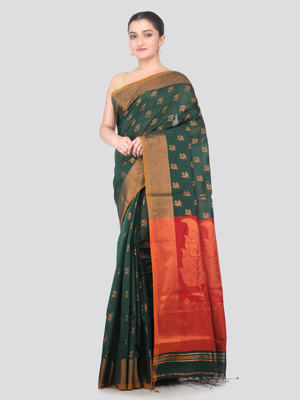 Pinkloom Green Handloom Cotton bleand Saree