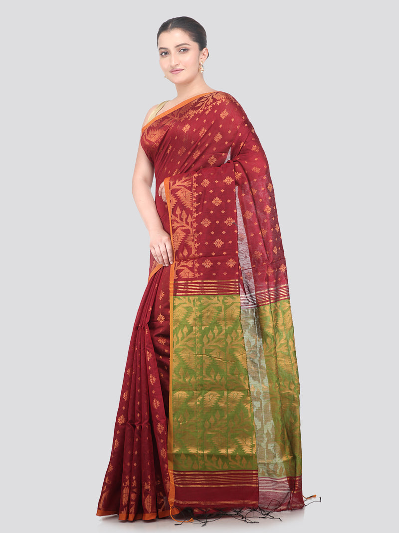 Pinkloom Maroon Handloom Cotton bleand Saree