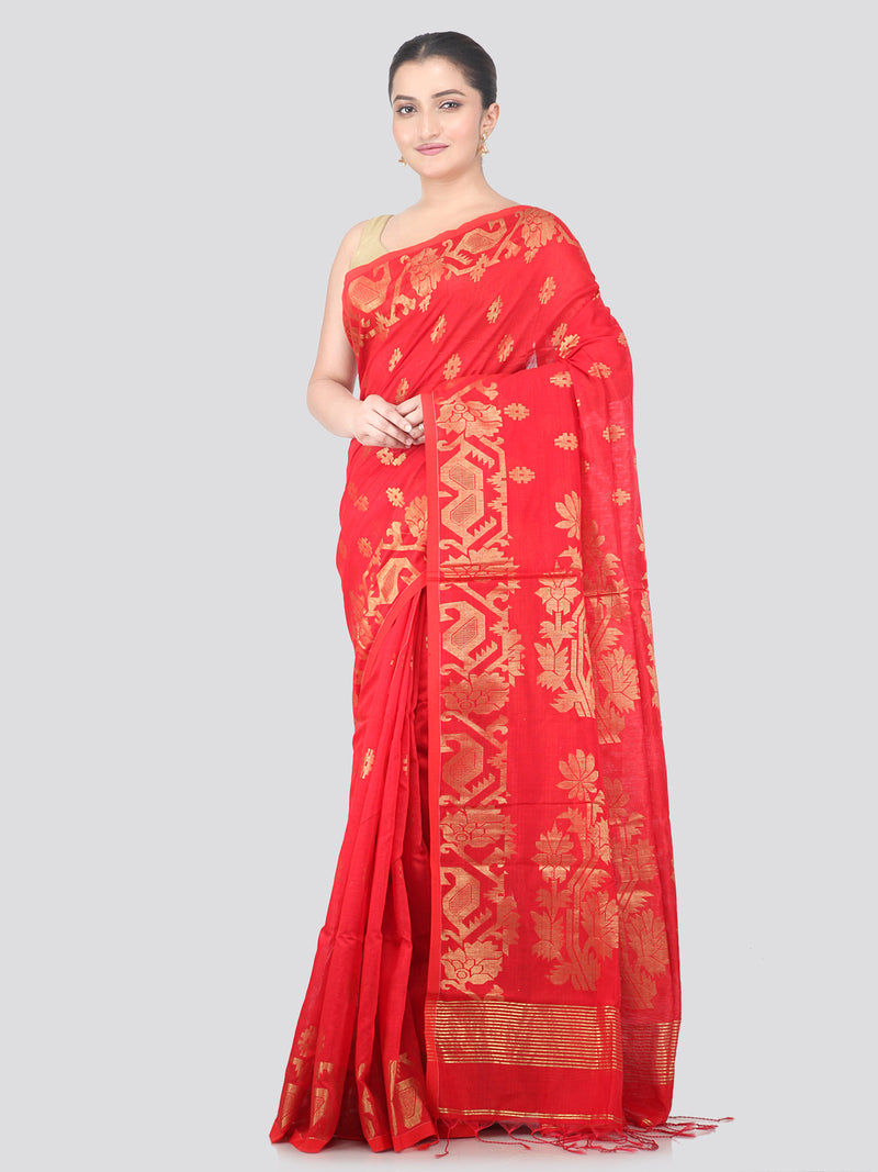 Pinkloom Red Handloom Cotton bleand Saree