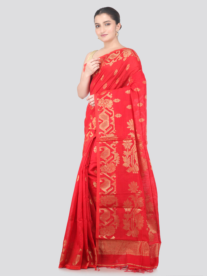 Pinkloom Red Handloom Cotton bleand Saree