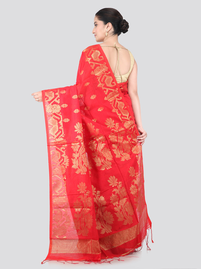 Pinkloom Red Handloom Cotton bleand Saree