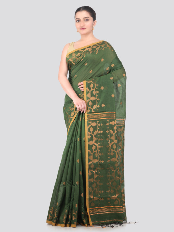 Pinkloom Green Handloom Cotton bleand Saree