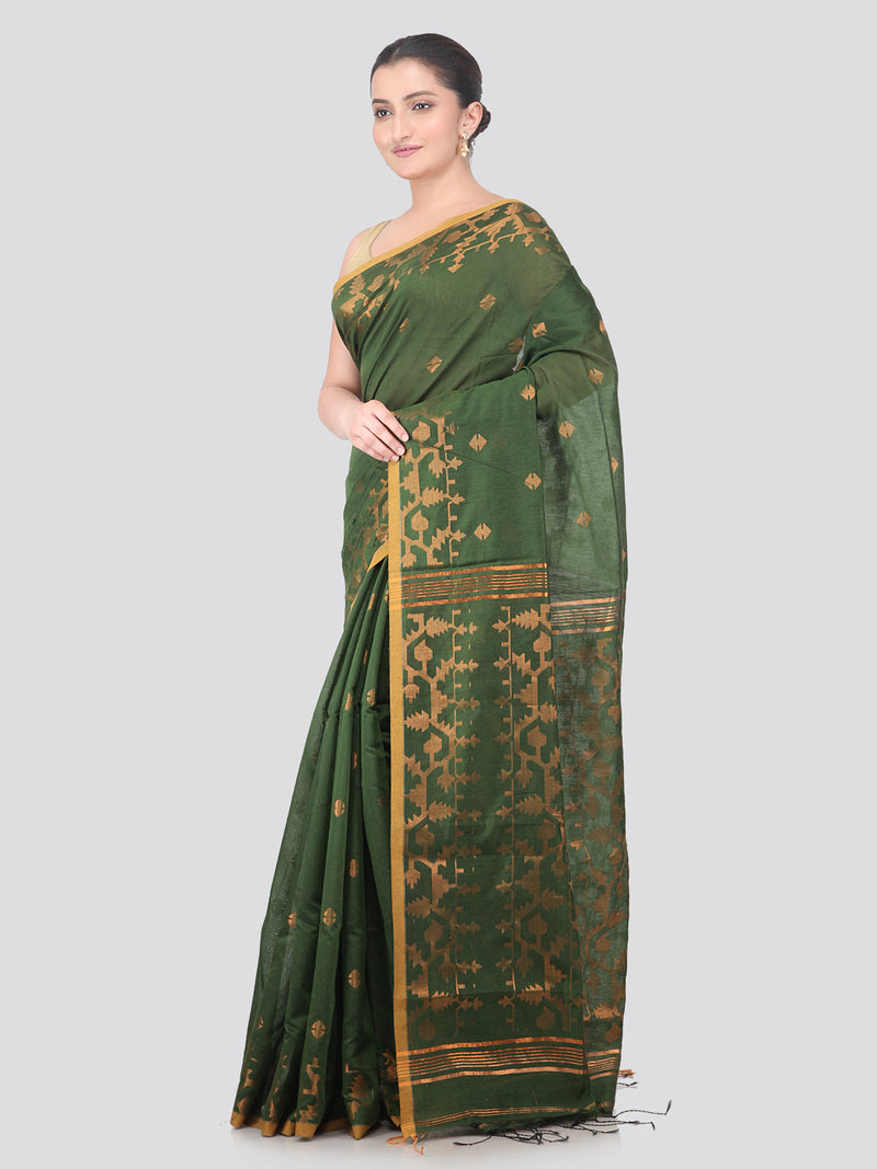 Pinkloom Green Handloom Cotton bleand Saree