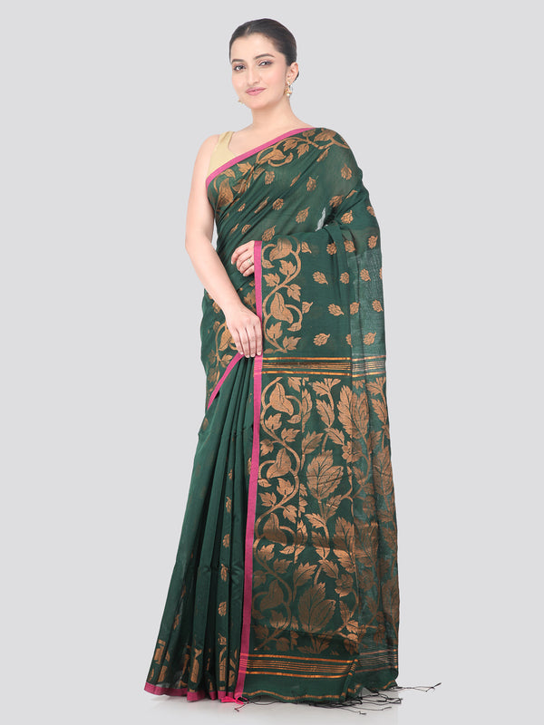 Pinkloom Green Handloom Cotton bleand Saree