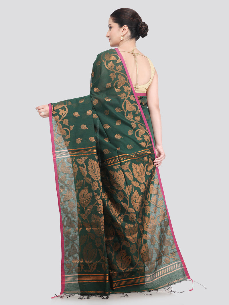 Pinkloom Green Handloom Cotton bleand Saree