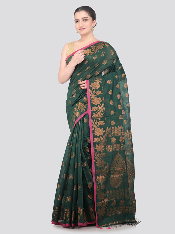 Pinkloom Green Handloom Cotton bleand Saree