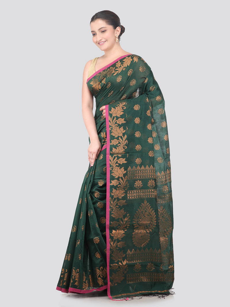 Pinkloom Green Handloom Cotton bleand Saree