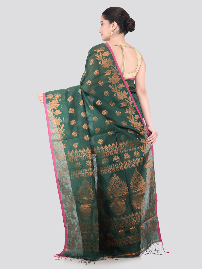 Pinkloom Green Handloom Cotton bleand Saree