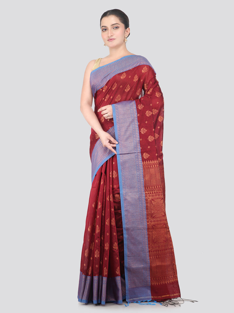 Pinkloom Maroon Handloom Cotton bleand Saree