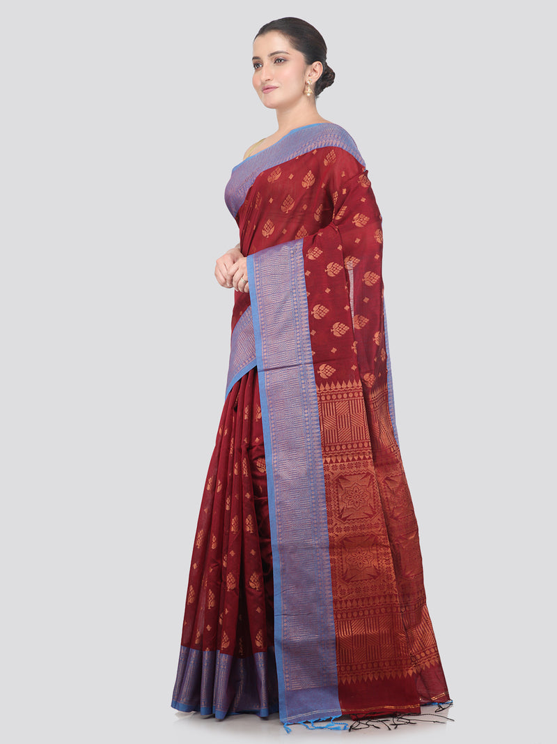 Pinkloom Maroon Handloom Cotton bleand Saree