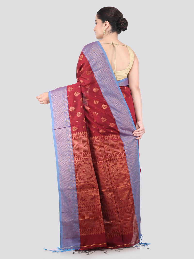 Pinkloom Maroon Handloom Cotton bleand Saree
