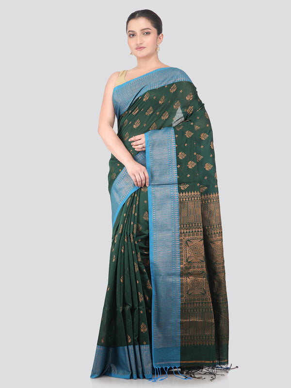 Pinkloom Green Handloom Cotton bleand Saree
