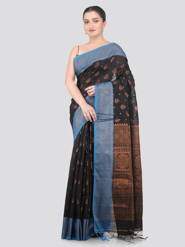 Pinkloom Black Handloom Cotton bleand Saree