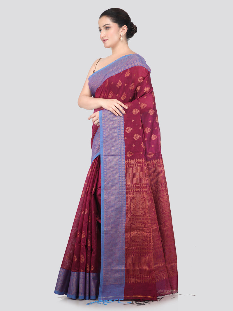 Pinkloom Magenta Handloom Cotton bleand Saree