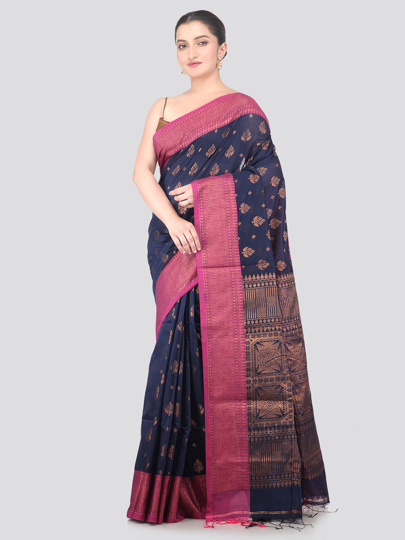 Pinkloom Neavy Blue Handloom Cotton bleand Saree