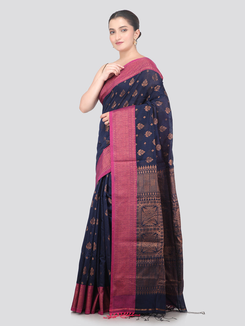 Pinkloom Neavy Blue Handloom Cotton bleand Saree