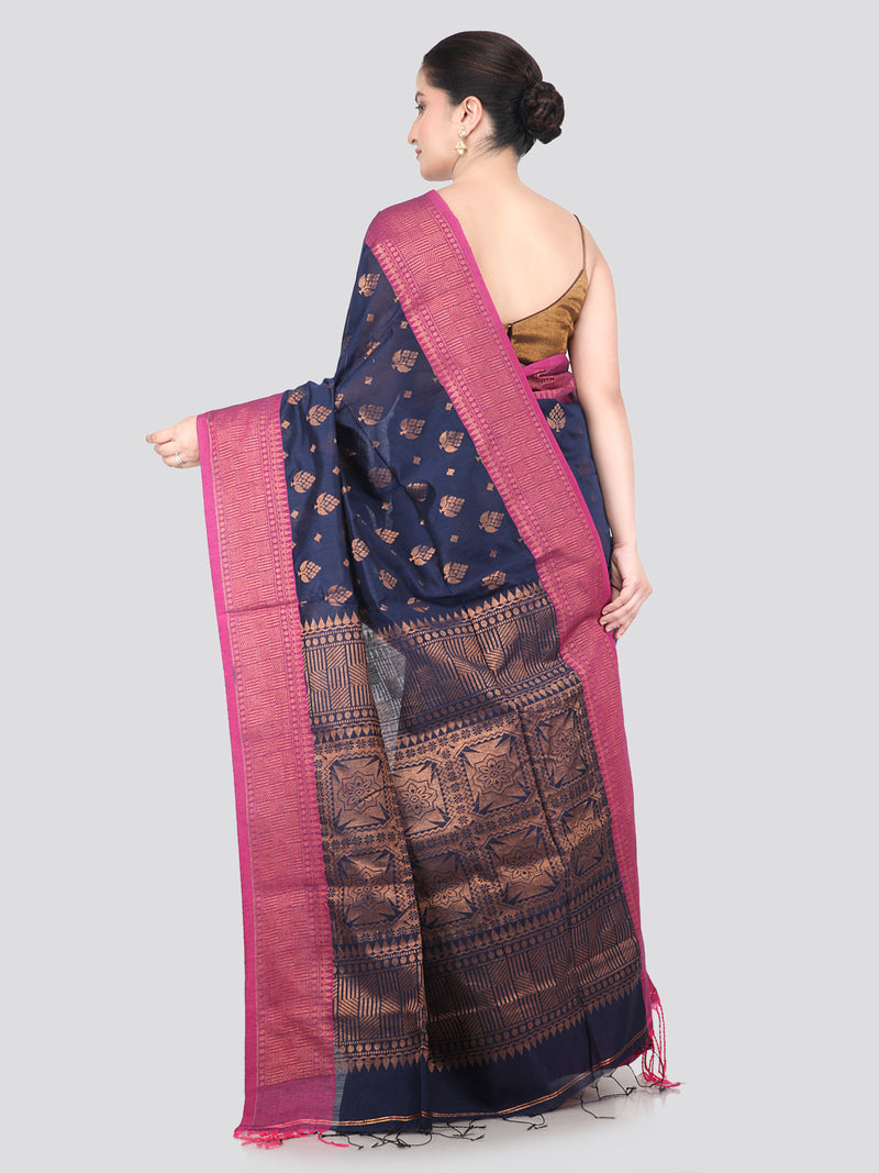 Pinkloom Neavy Blue Handloom Cotton bleand Saree