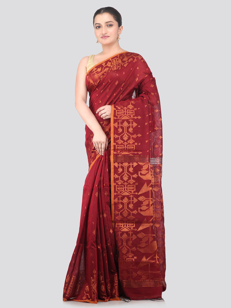 Pinkloom Maroon Handloom Cotton bleand Saree