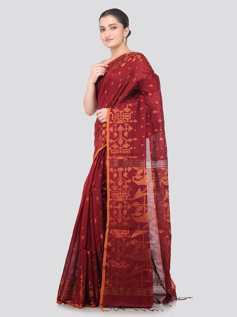 Pinkloom Maroon Handloom Cotton bleand Saree