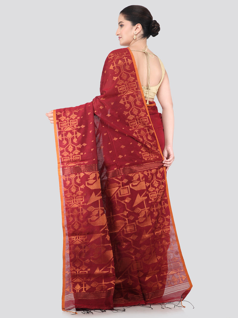 Pinkloom Maroon Handloom Cotton bleand Saree