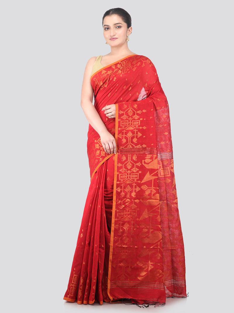 Pinkloom Red Handloom Cotton bleand Saree