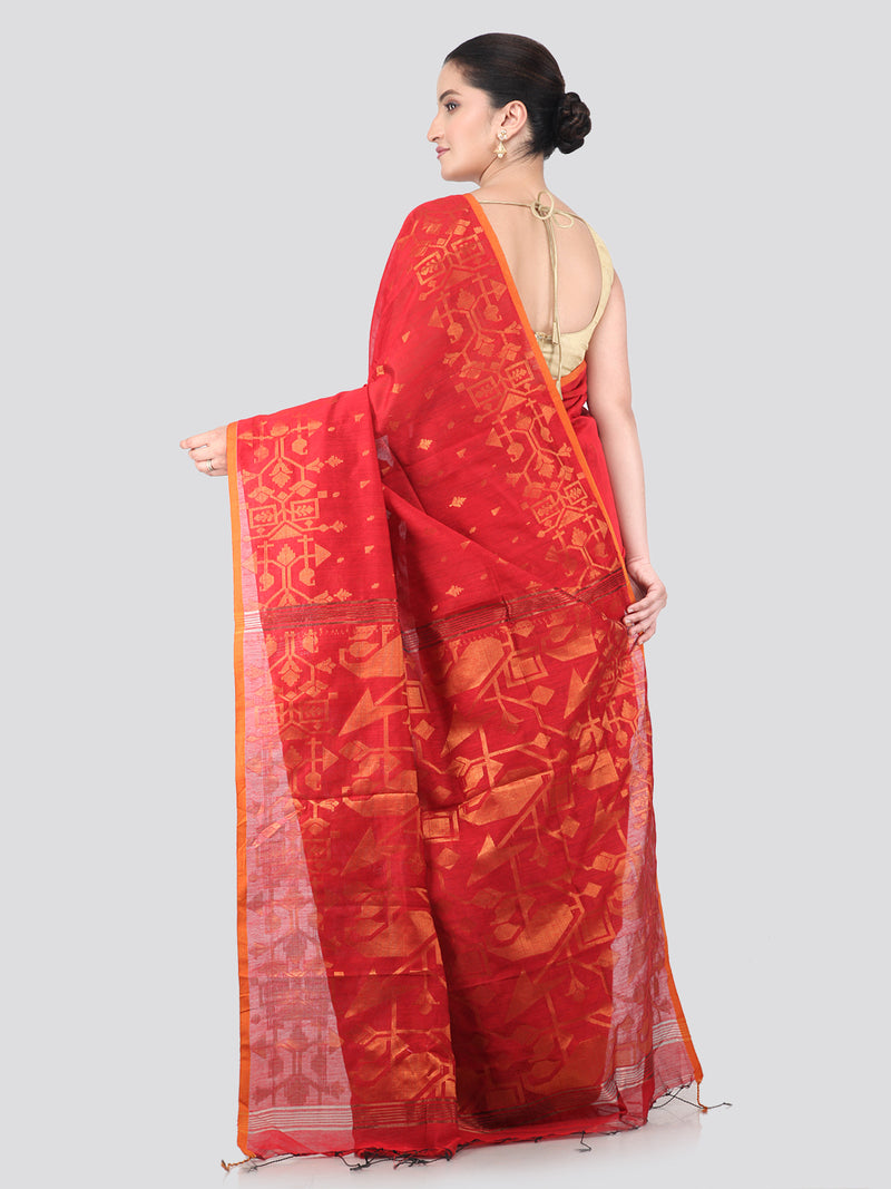 Pinkloom Red Handloom Cotton bleand Saree