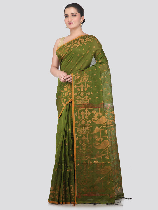 Pinkloom Green Handloom Cotton bleand Saree