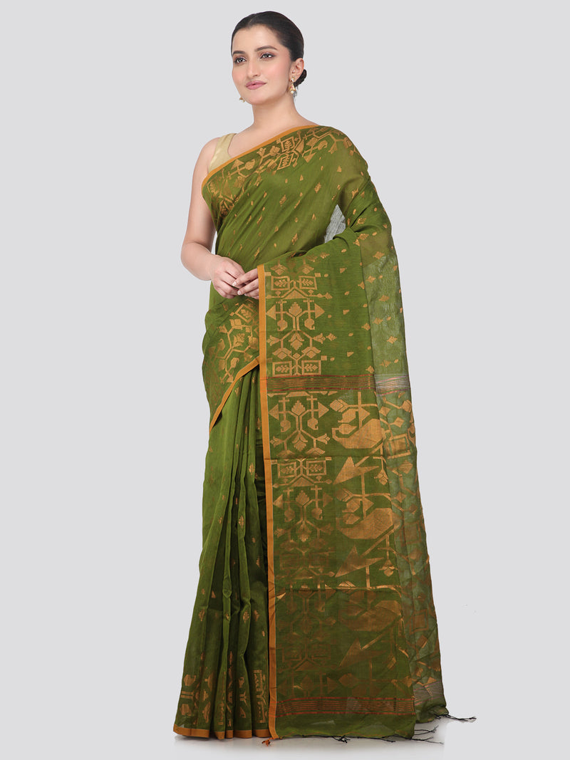 Pinkloom Green Handloom Cotton bleand Saree