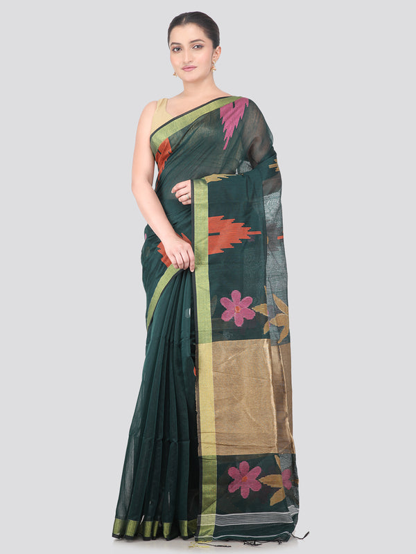 Pinkloom Green Handloom Cotton bleand Saree