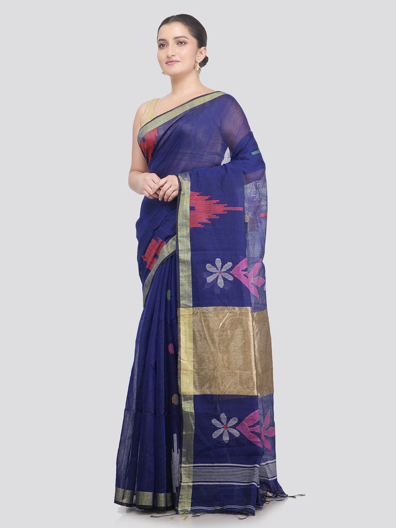 Pinkloom Blue Handloom Cotton bleand Saree