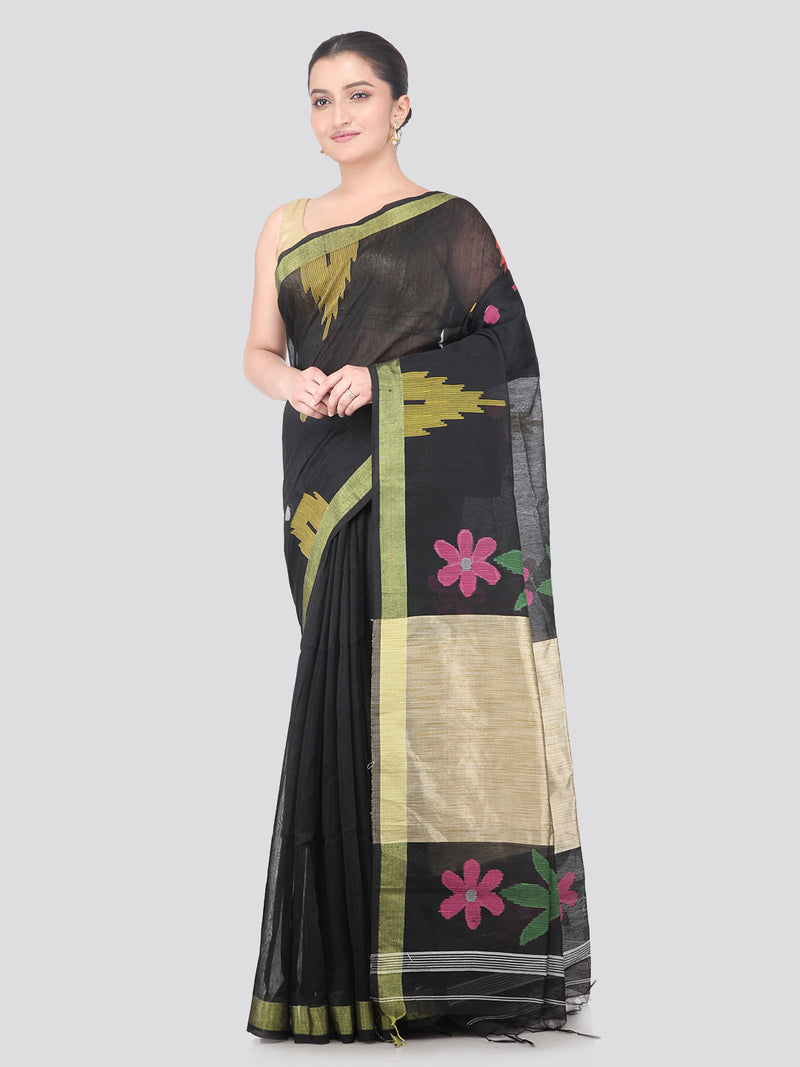 Pinkloom Black Handloom Cotton bleand Saree