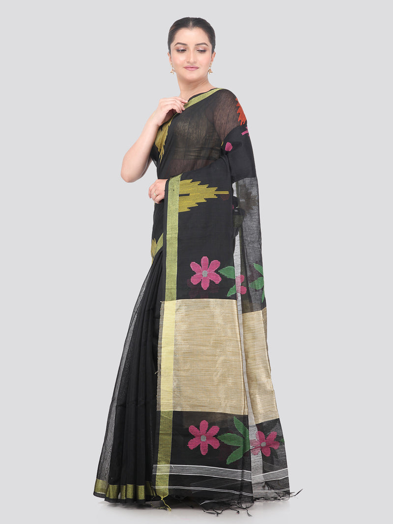 Pinkloom Black Handloom Cotton bleand Saree