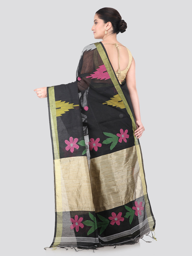 Pinkloom Black Handloom Cotton bleand Saree