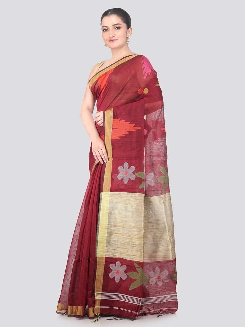 Pinkloom Maroon Handloom Cotton bleand Saree