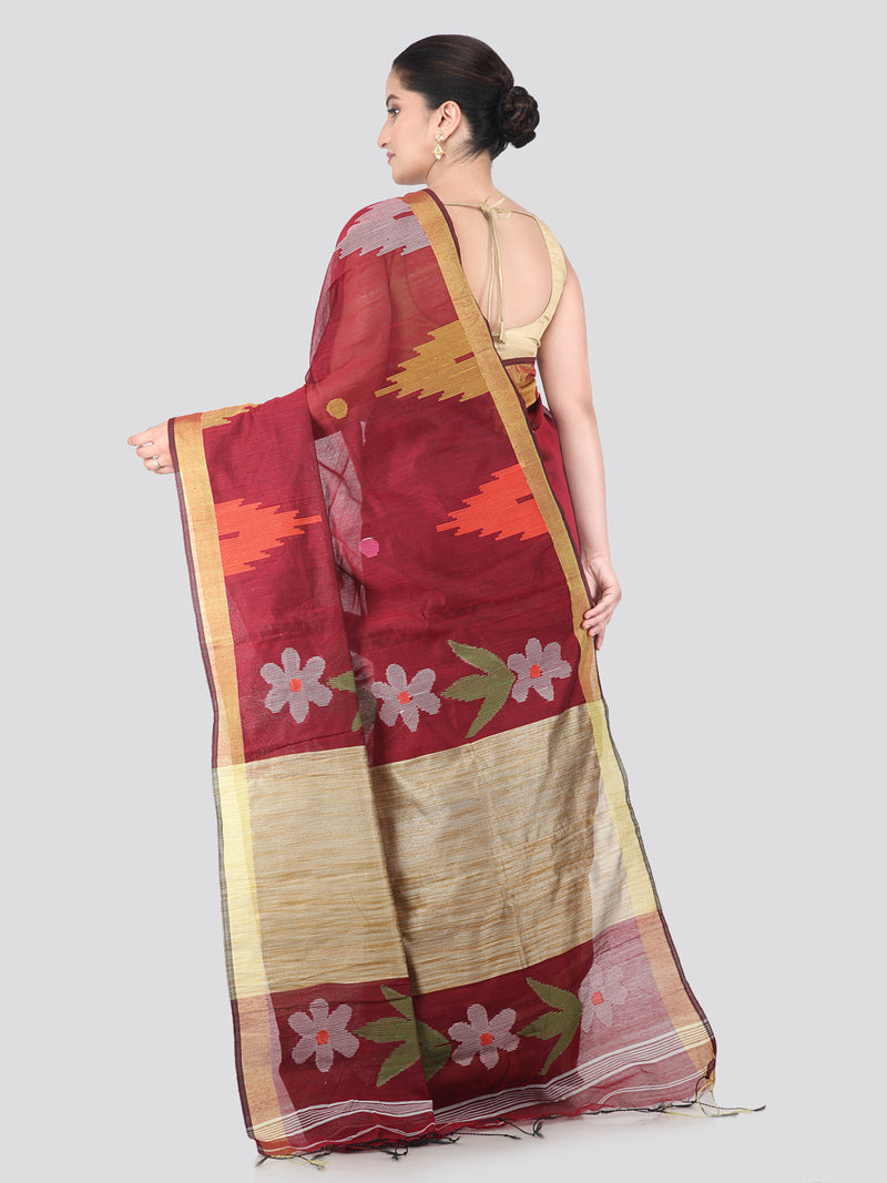 Pinkloom Maroon Handloom Cotton bleand Saree