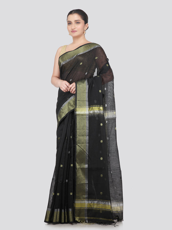 Pinkloom Black Handloom Cotton bleand Saree