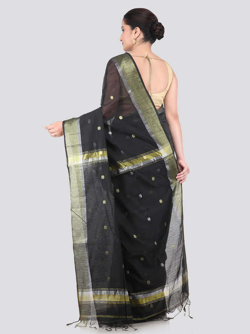 Pinkloom Black Handloom Cotton bleand Saree