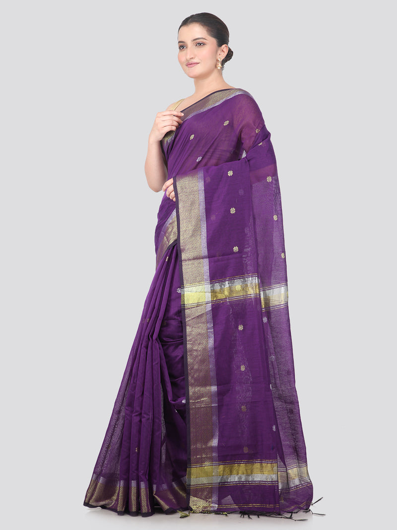 Pinkloom Purple Handloom Cotton bleand Saree