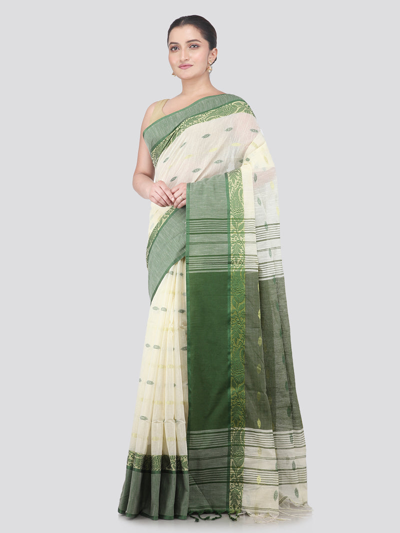 Pinkloom White Handloom Cotton bleand Saree