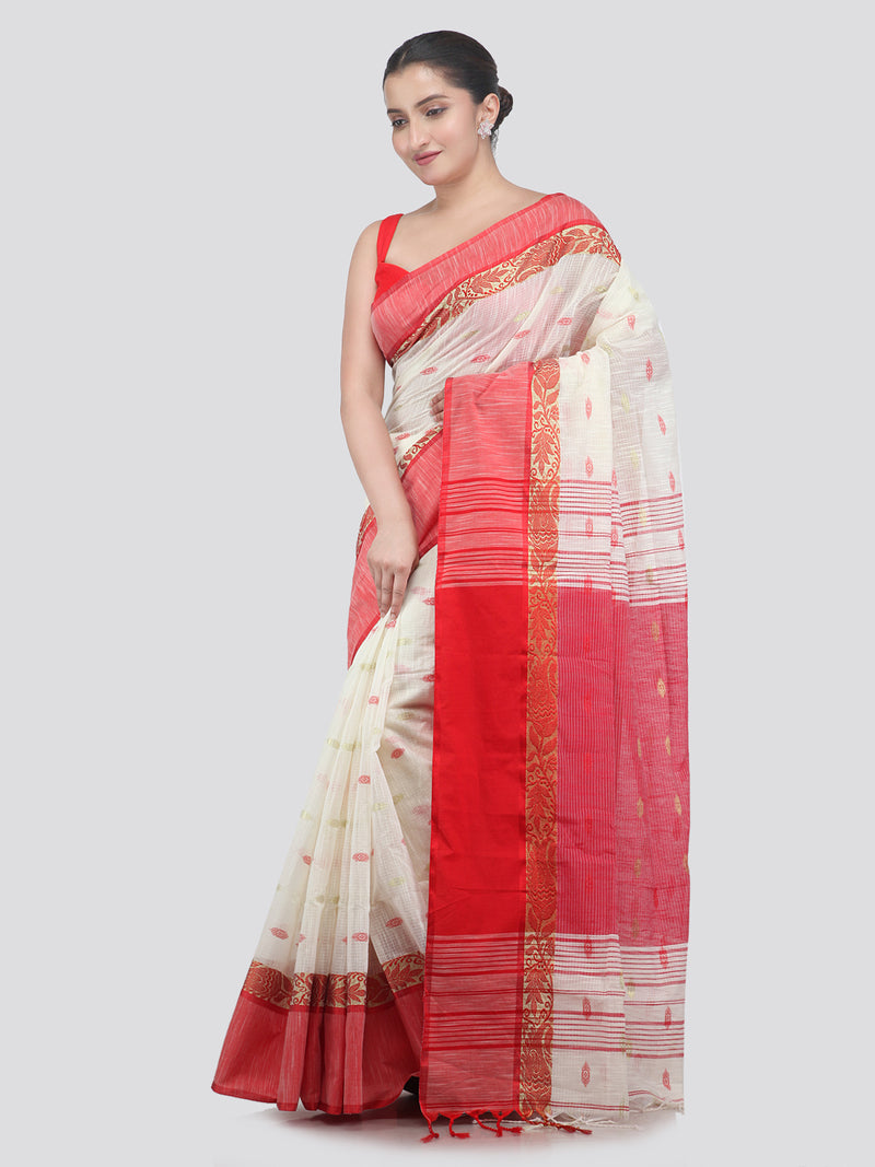 Pinkloom Off White Handloom Cotton bleand Saree
