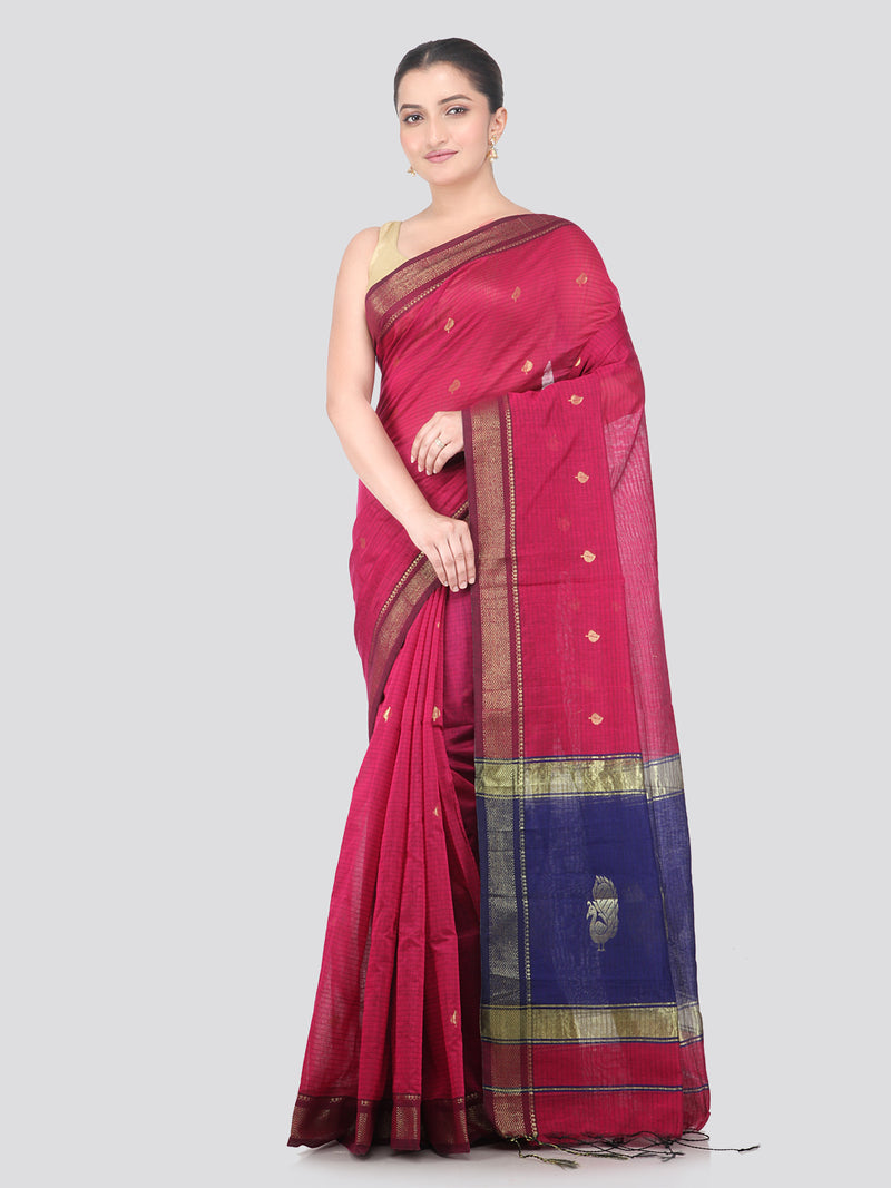 Pinkloom Magenta Handloom Cotton bleand Saree