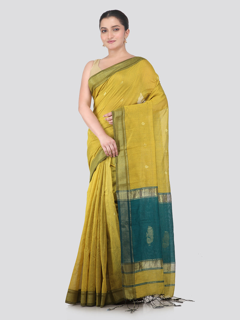 Pinkloom Yellow Handloom Cotton bleand Saree
