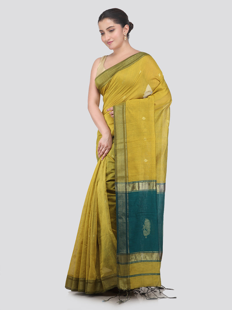 Pinkloom Yellow Handloom Cotton bleand Saree