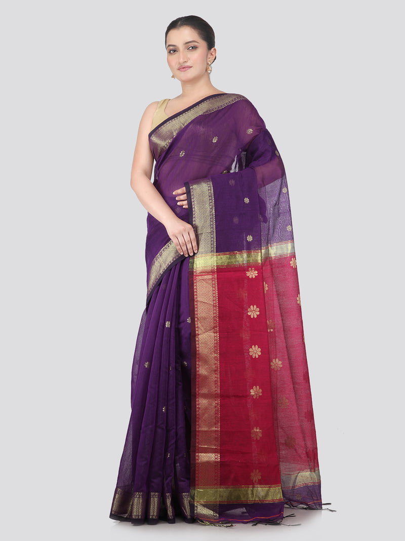Pinkloom Purple Handloom Cotton bleand Saree